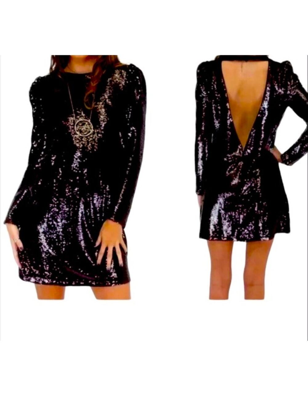 Sparkling Black Sequin Long Sleeve Boat Neck Low Back Buckle Detail Mini Dress M